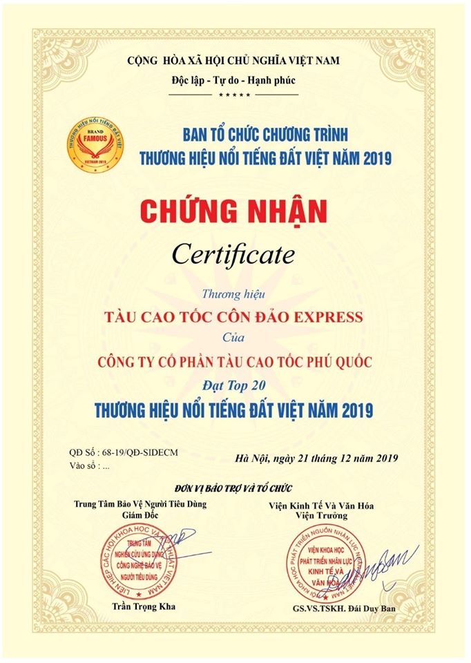 Côn Đảo Express đạt chứng nhận top 20 thương hiệu nổi tiếng đất Việt Nam