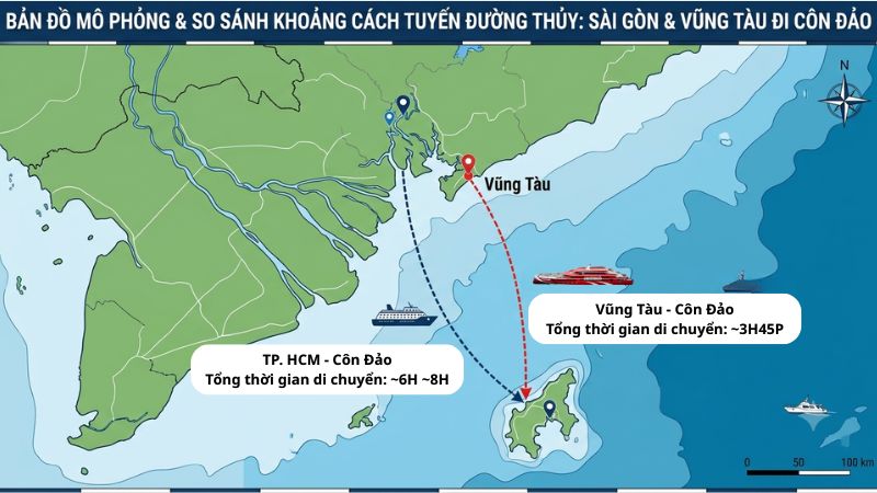 Bản đồ mô phỏng và so sánh khoảng cách tuyến đường thủy từ Sài Gòn và Vũng Tàu đi Côn Đảo